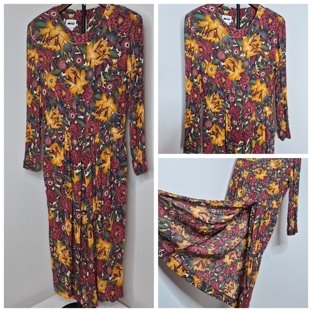 Vintage Leslie Fay Floral Midi Dress Long Sleeve Rayon‎ Button Front Pockets 16